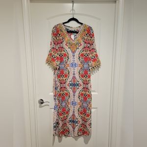 Soft Surroundings Ipanema Embroidered Printed Fringe Kaftan Maxi Dress XS #628